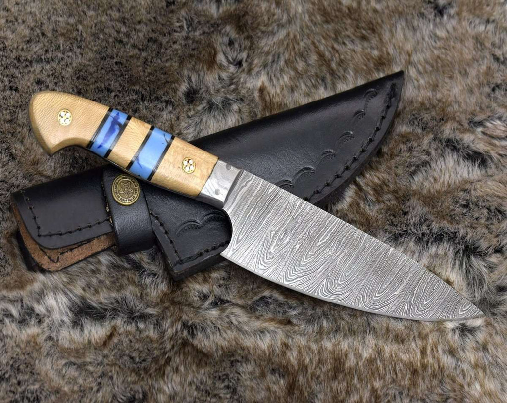 Cobalt Damascus Chef Knife with Leopard Wood and Turquoise Handle