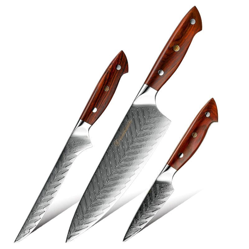 Crimson VG10 3-Pcs Damacus Chef Knife Set with Exotic Sandal Wood Handle