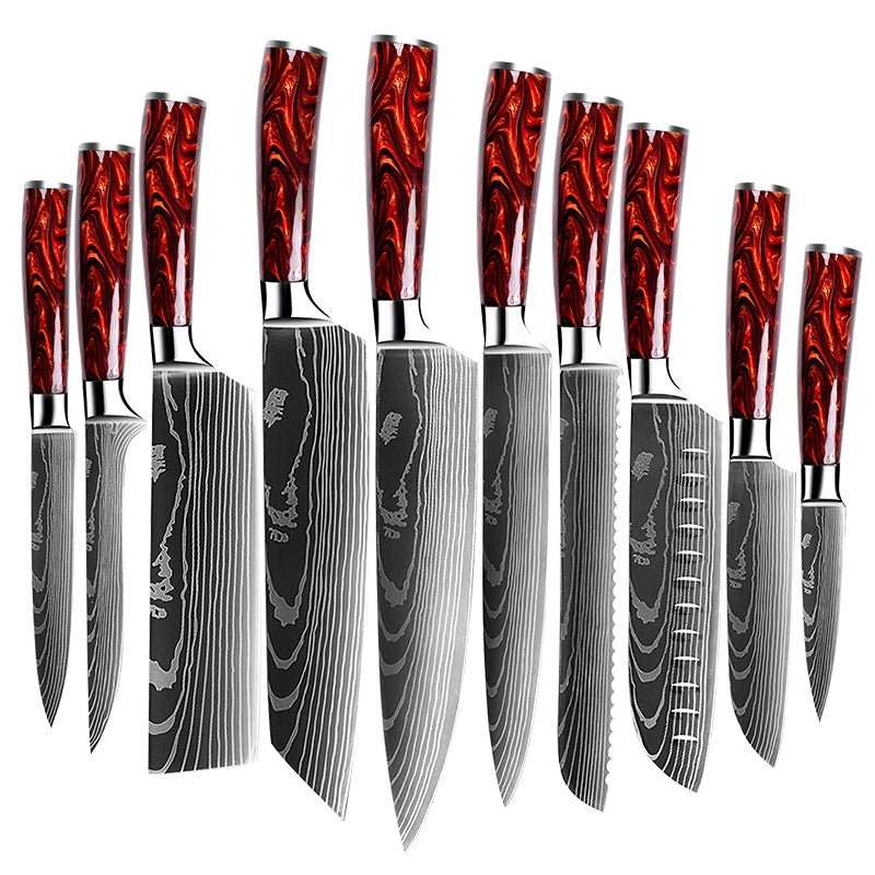 Fujin 10 Pcs Handmade Chef's Knife Damascus Pattern HC Steel Chef's Set with Sheath