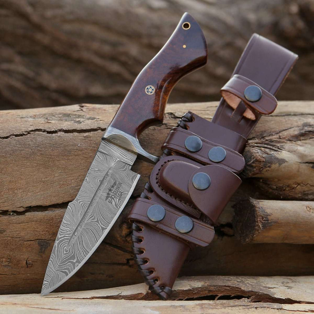 Bolt Damascus Custom Hunting Knife with Exotic Rose Wood Handle