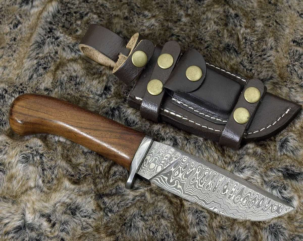 Clemence Damascus Engraved Hunting Knife with Exotic Rose Wood handle & Sheath