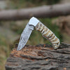 Damascus Pocket Knife with Exotic Ram Horn Handle & Leather Sheath