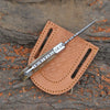 Damascus Pocket Knife with Exotic Ram Horn Handle & Leather Sheath