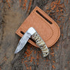 Damascus Pocket Knife with Exotic Ram Horn Handle & Leather Sheath