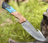 Echelon Damascus Gut Hook Knife with Exotic Olive wood & Turquoise Handle