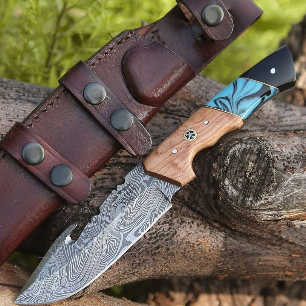 Echelon Damascus Gut Hook Knife with Exotic Olive wood & Turquoise Handle