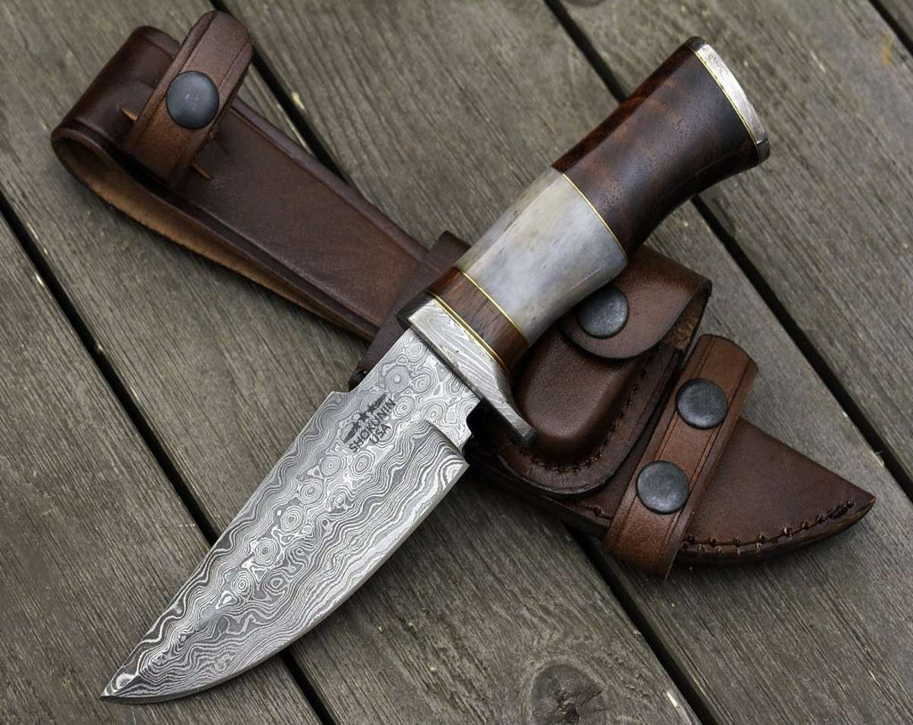 Champion Damascus Hunting Utility Knife with Exotic Rosewood and Bone Handle