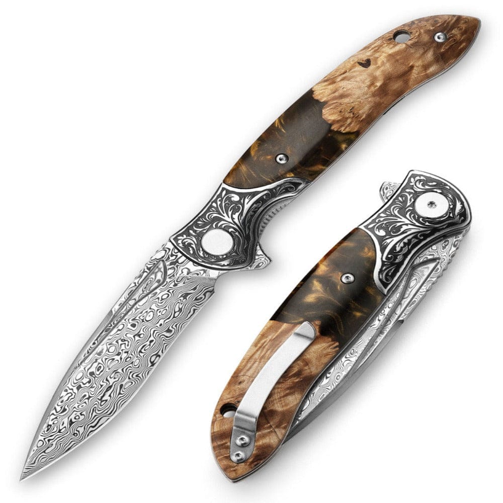 Demeter VG10 Damascus Pocket Knife with Exotic Olive Burl & Resin Handle