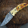 Marshal Damascus Folding Knife with Charred Bone Handle