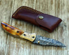 Marshal Damascus Folding Knife with Charred Bone Handle