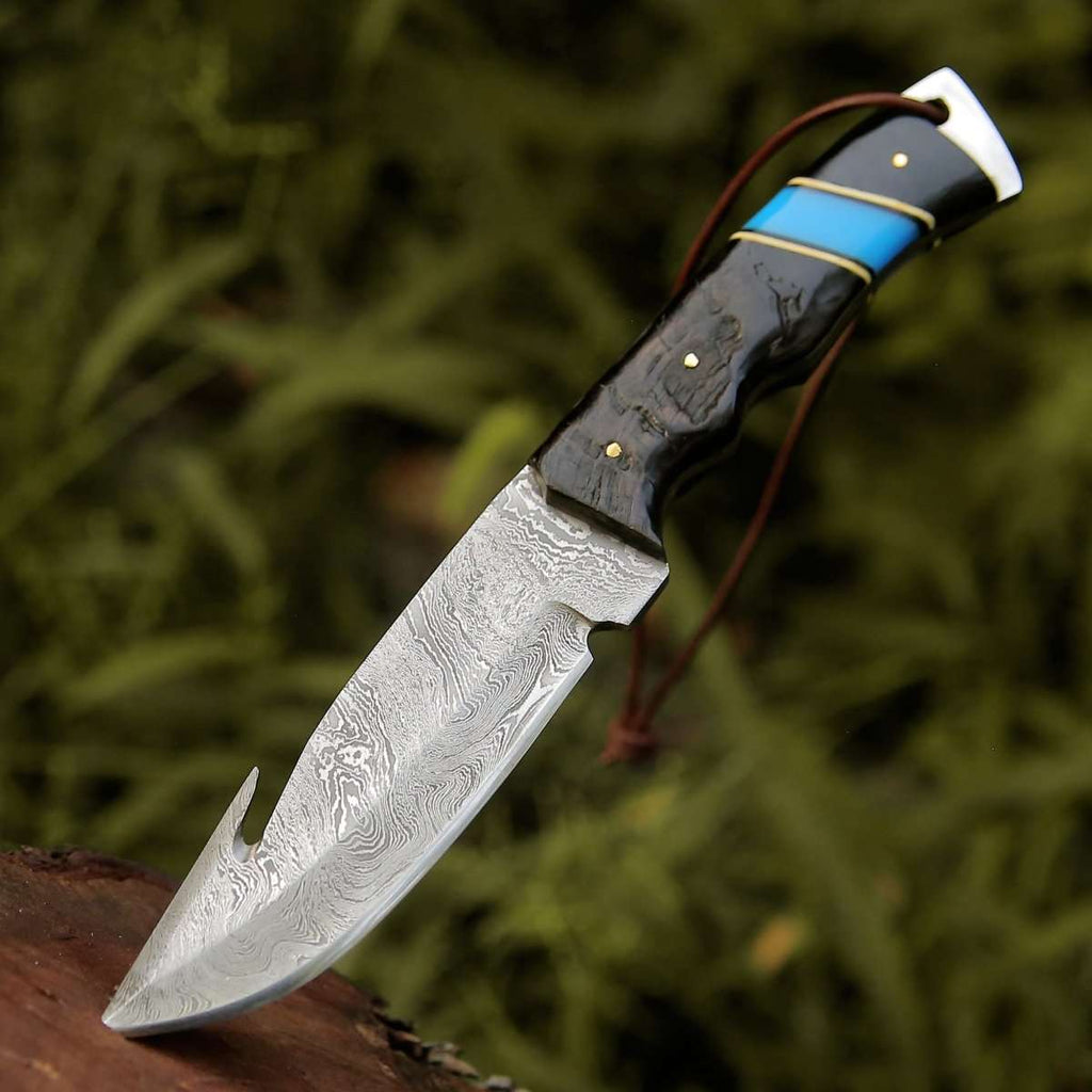 Inferno Damascus Steel Knife with Ram Horn & Turquoise Handle