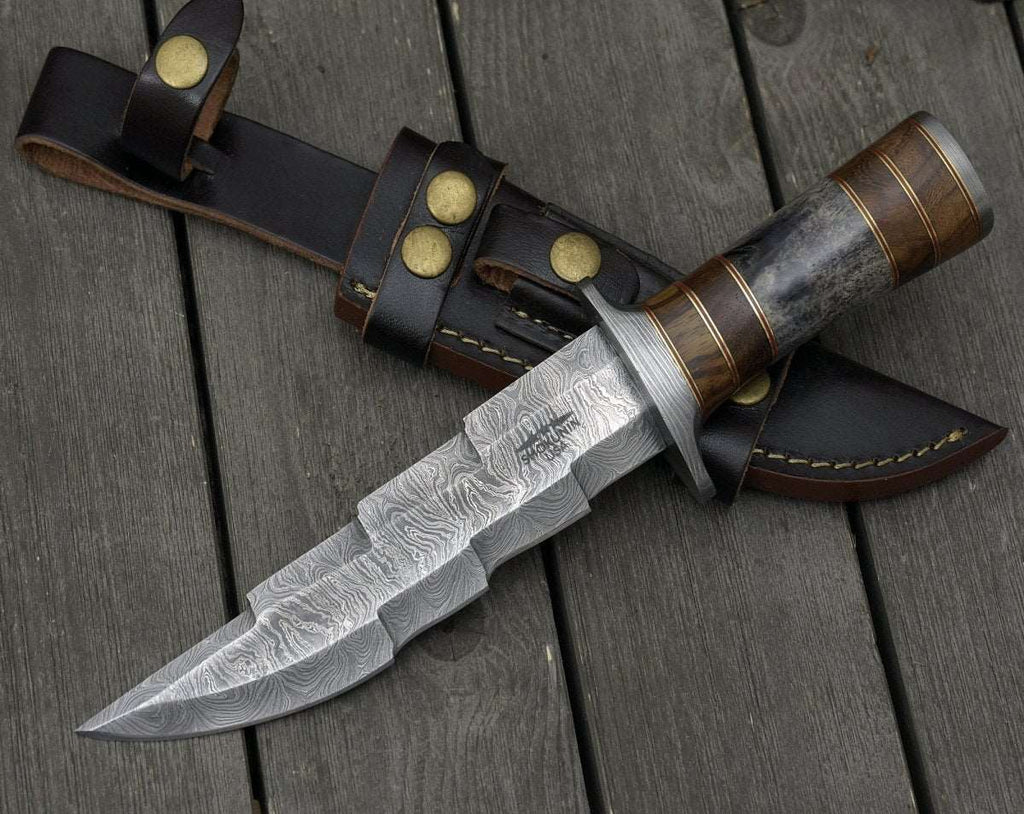 Kris Damascus Hunting Bowie Knife with Exotic Rose wood & Bone handle